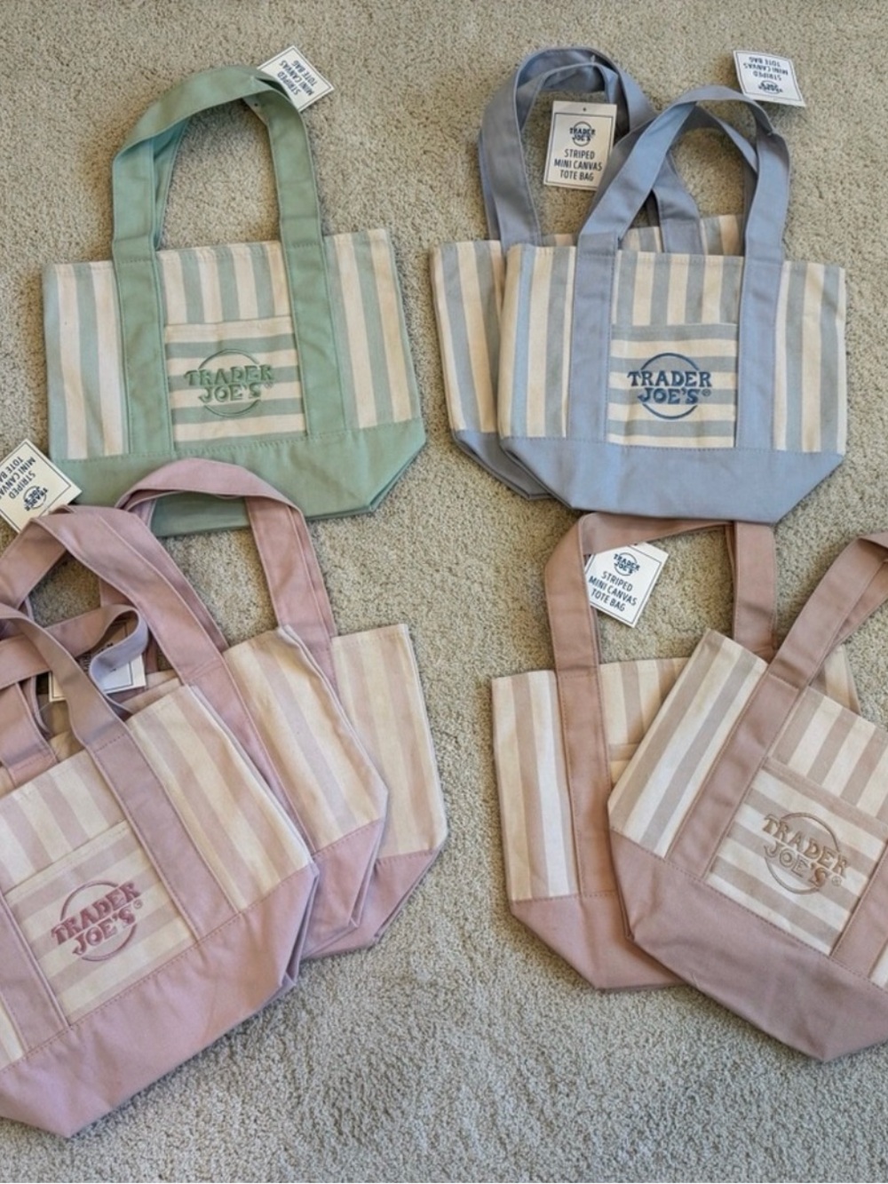 Trader Joe's Striped Canvas Tote - Pastel Green, Blue, Blush, Tan